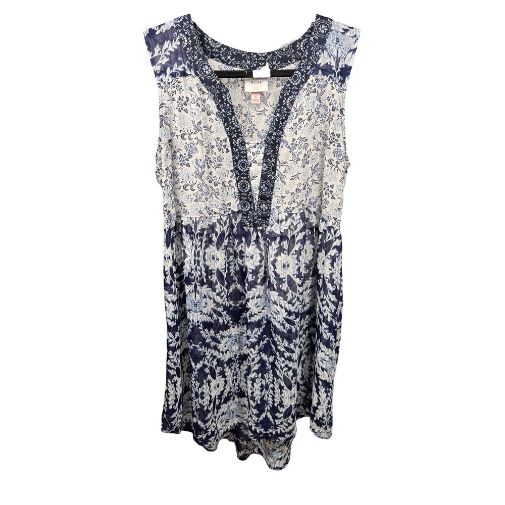 S Knox Rose Sleeveless Floral Dress Blue White Boho High Low Hem EUC